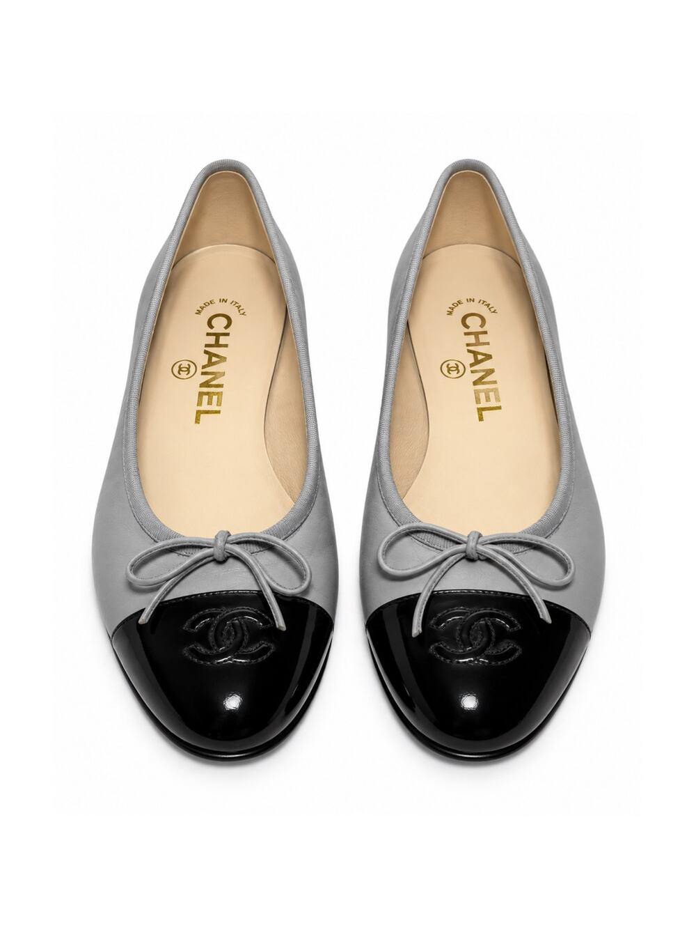 Chanel CC Cap Toe Ballet Flats Gray Black Patent Leather Bow Shoes 37 7